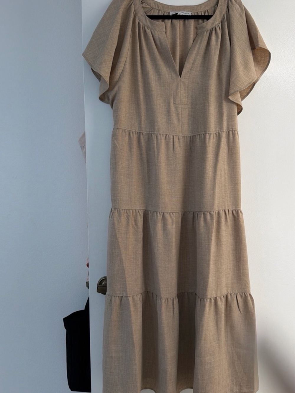 Emma & Michele Neutral Tiered Midi Dress in Taupe